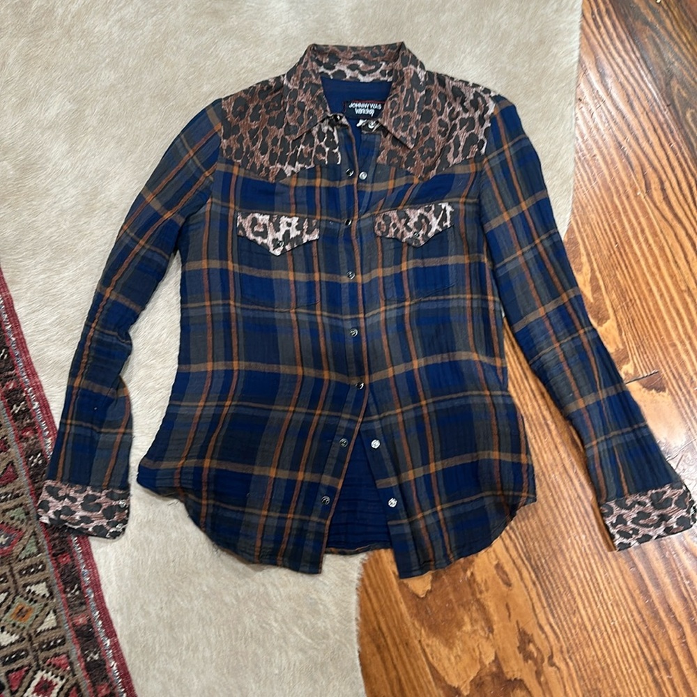 Johnny Was Leopard Plaid Western Shirt xxs pearl snap